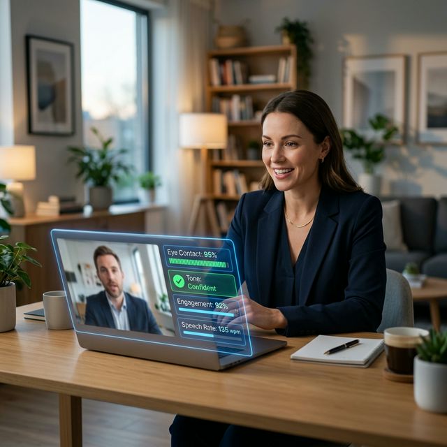 Entretien d'embauche virtuel avec un recruteur analysant le candidat sur écran